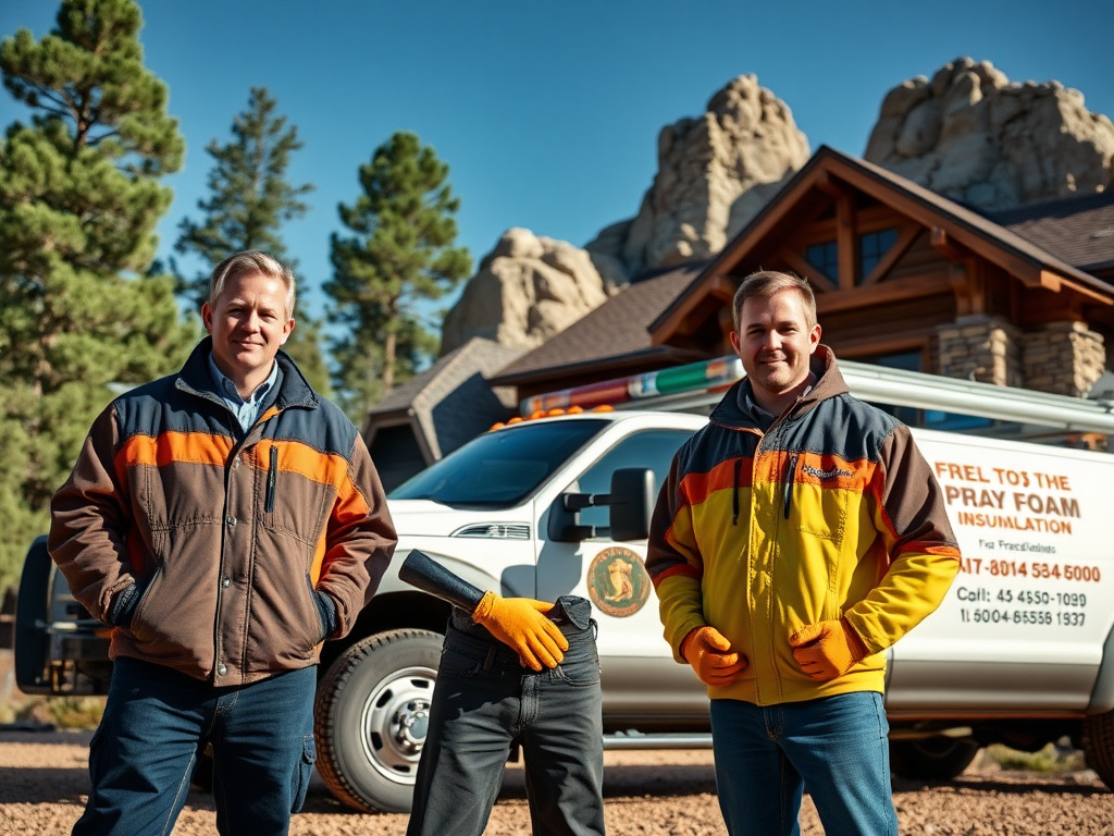 Spray foam insulation crew standing in front of a home near Prescott, Arizona with ponderosa pine trees in the background