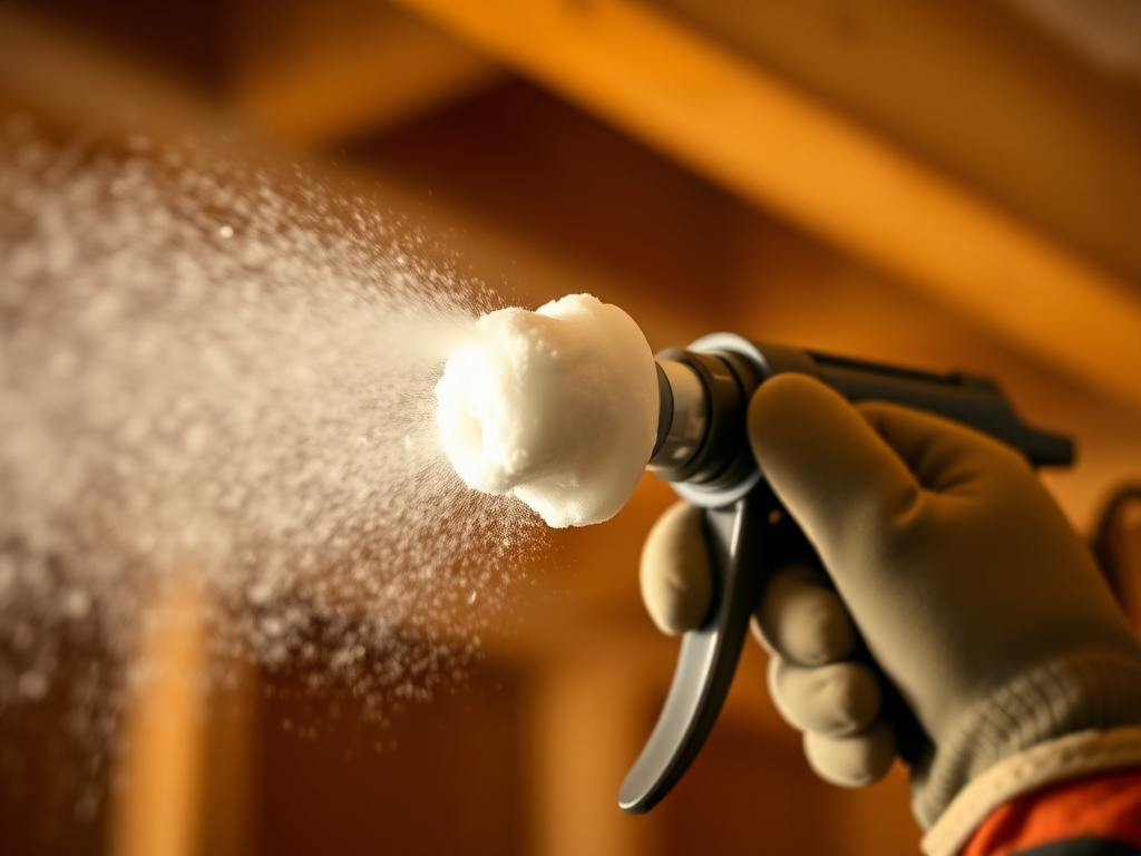 Close-up of a spray foam insulation gun applying cured foam texture